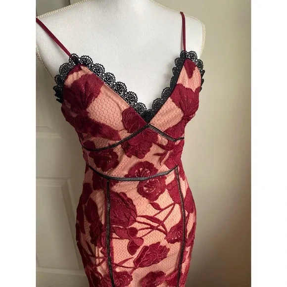 Lulus Burgundy Floral Lace Midi Dress XS Sheer Mesh Bodycon Slip Dress - Picture 5 of 7